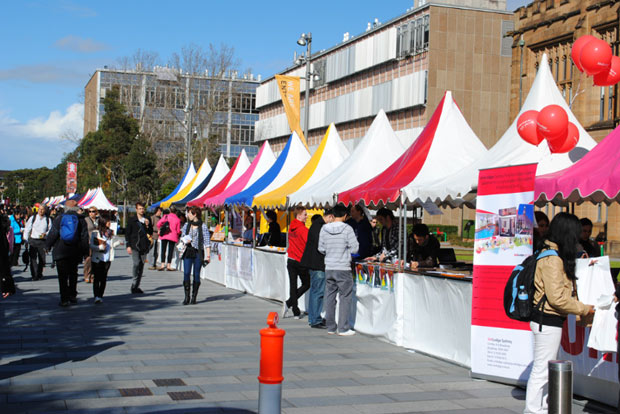 Row of fete stalls at Sydney Uni Open Day